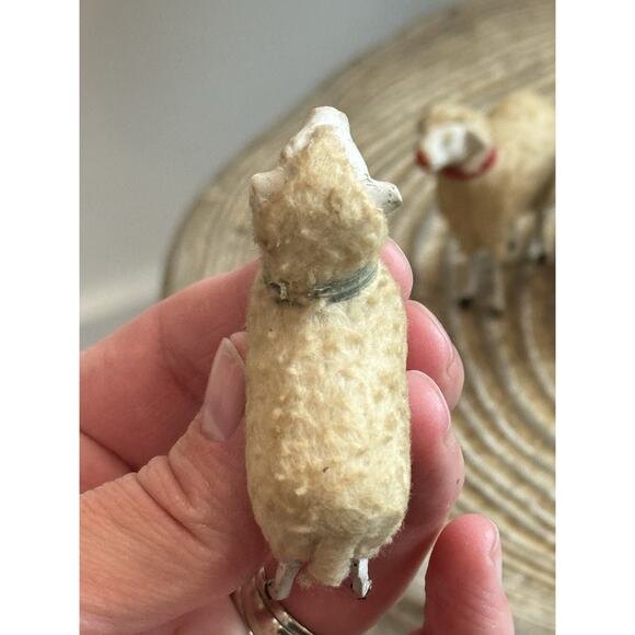 Vintage Germany Putz Wooly Sheep Set 4 Easter Christmas Ted Green Collar - Picture 6 of 16